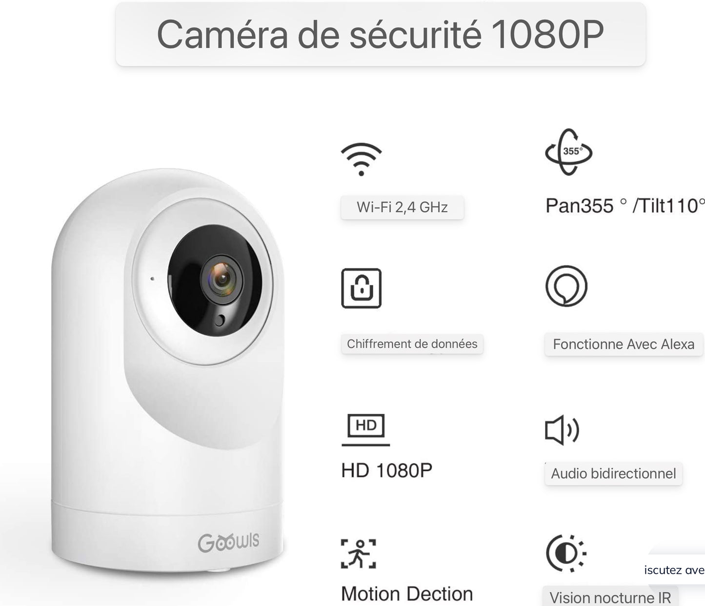 Caméra WiFi pour la sécurité domestique 1080P Pan/Tilt 2.4GHz pour moniteur bébé/animal de compagnie/nounou Vision nocturne Détection de mouvement Audio bidirectionnel Fonctionne avec Alexa