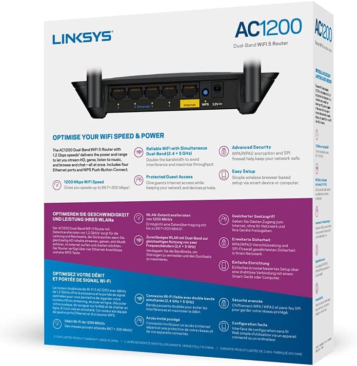 Linksys Routeur Wifi 5 Wlan Double - Bande E5400 Ac1200 (Routeur Sans Fil, pour Internet, Jeux, Streaming, Jusqu’à 1,2 Gbit/S, 4 Ports ethernet, Contrôle Parental, Accès Invité)