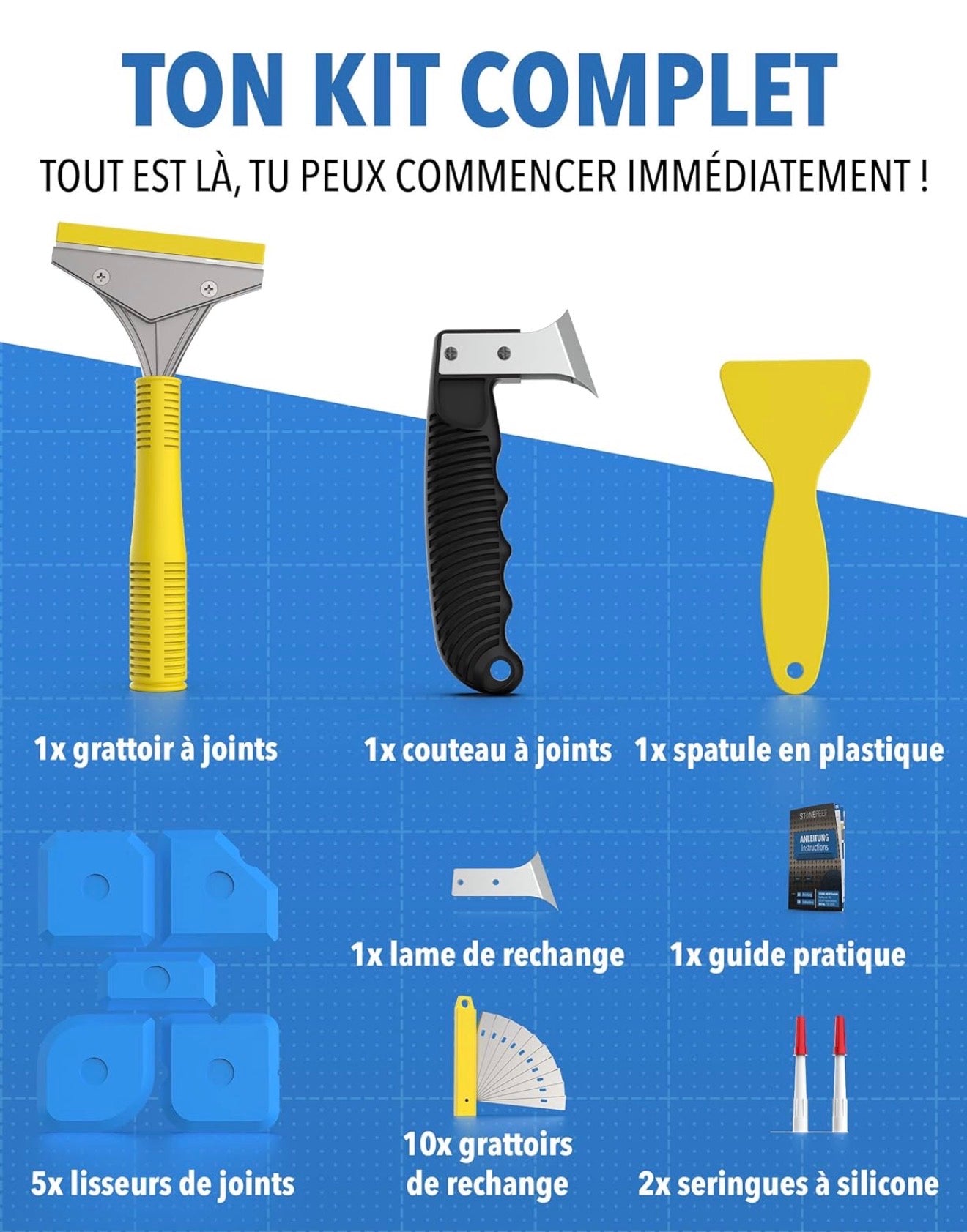 Kit complet de 23 outils pour enlever et lisser le silicone – Grattoir, couteau à joint, spatule et lisseurs – Ensemble pour joints silicone dans salle de bain, cuisine, carrelage et fenêtres