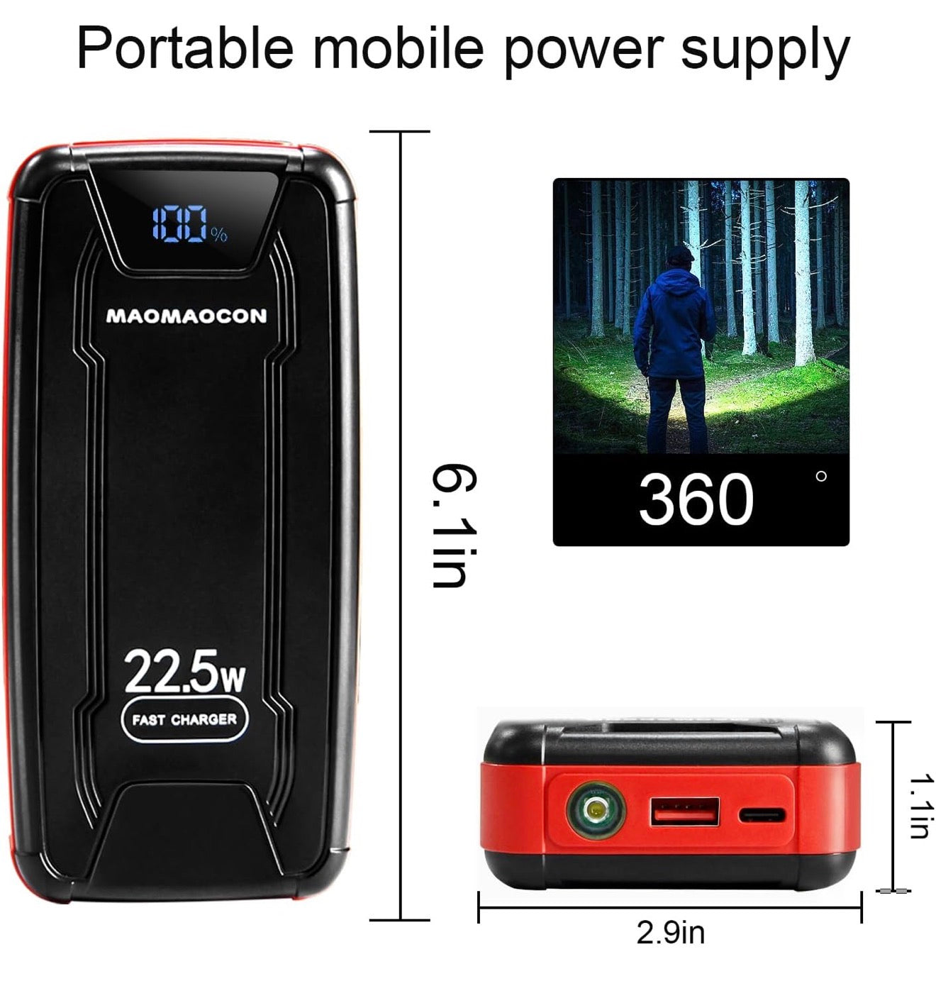 Banque d'alimentation 27000 mAh PD20W Chargeur étanche USB C Batterie externe Chargeur solaire avec sorties, Power Bank pour smartphones, tablettes et plus encore