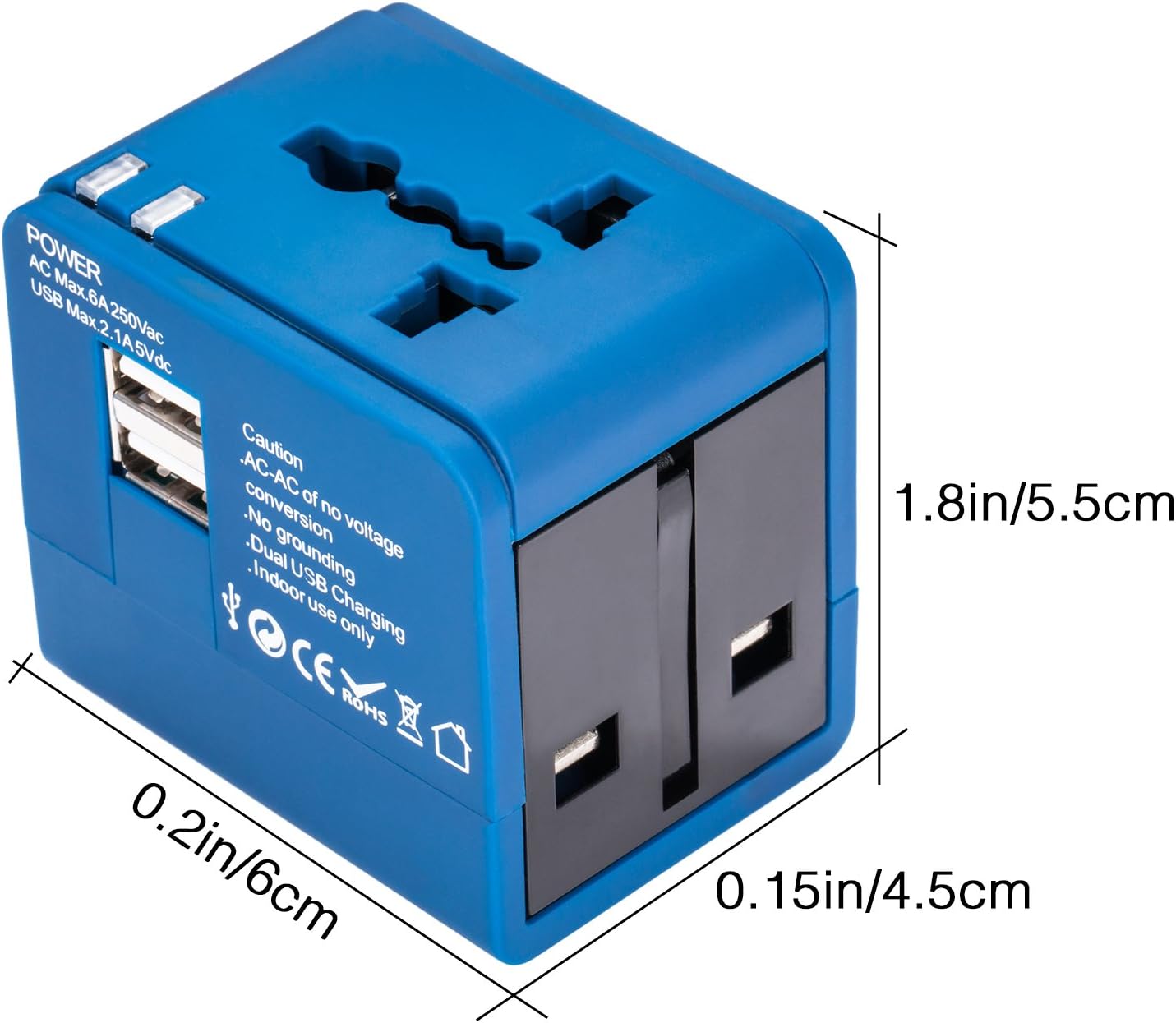 Adaptateur de voyage, adaptateur secteur universel mondial tout en un Chargeur mural international pour téléphone portable et Pc portable, avec double port de charge USB pour les USA, Europe, Royaume Uni, Australie (Bleu)