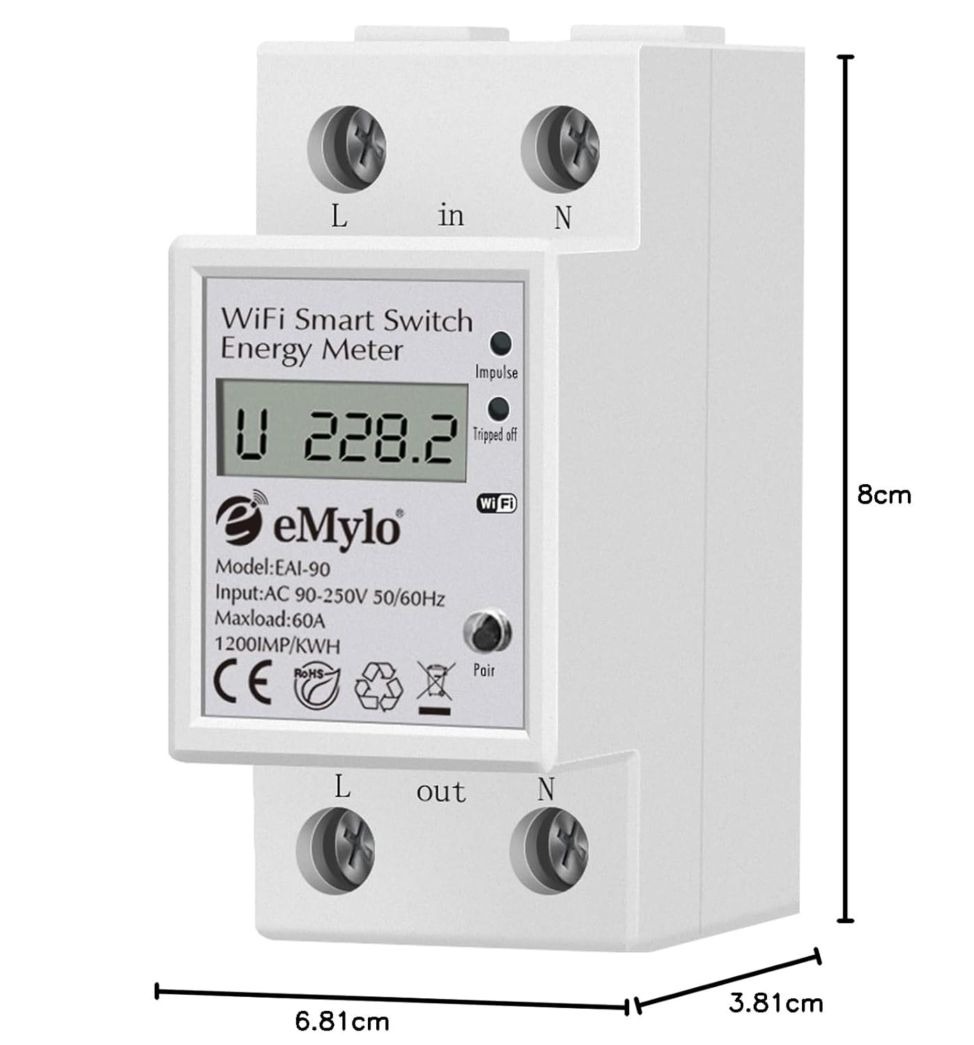 Compteur d'énergie eMylo Smart WiFi, compteur numérique monophasé DIN rails LCD, compteur de moniteur de consommation d'électricité, 60A 90-250V, support Alexa Google Assistant APP télécommande pour la maison, l'appartement