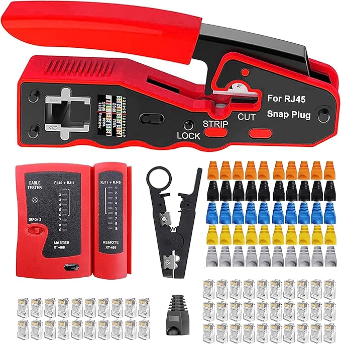 Kit d'Installations Professionel RJ45, Trousse à Outils de Réparation pour Cablage Ordinateur, Testeur Reseau, Pince à et Wire Strippe RJ11 RJ12 Cat6 Cat5e (jaune)