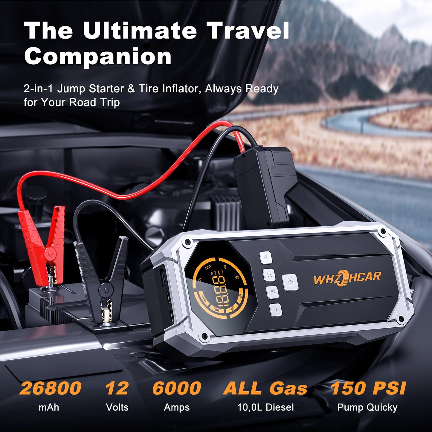 Booster Batterie Voiture 150PSI Compresseur d’Air Booster Batterie Voiture Puissant 12V Jump Starter pour Véhicule Pack avec Power Bank Pinces de Sûreté Intelligentes Lampe à LED