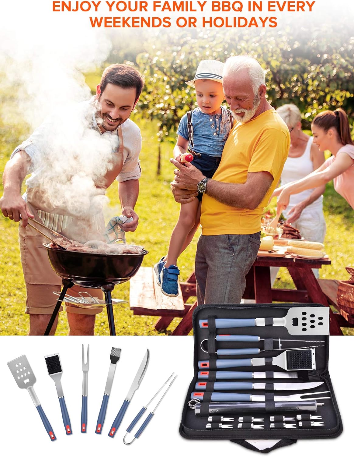 Ustensiles Barbecue, 20 Pièces Kit Barbecue avec Brosse Nettoyage Accessoires, Barbecue Portable Accessoire pour Jardin, Extérieur, Randonnée et Voyage Grillade