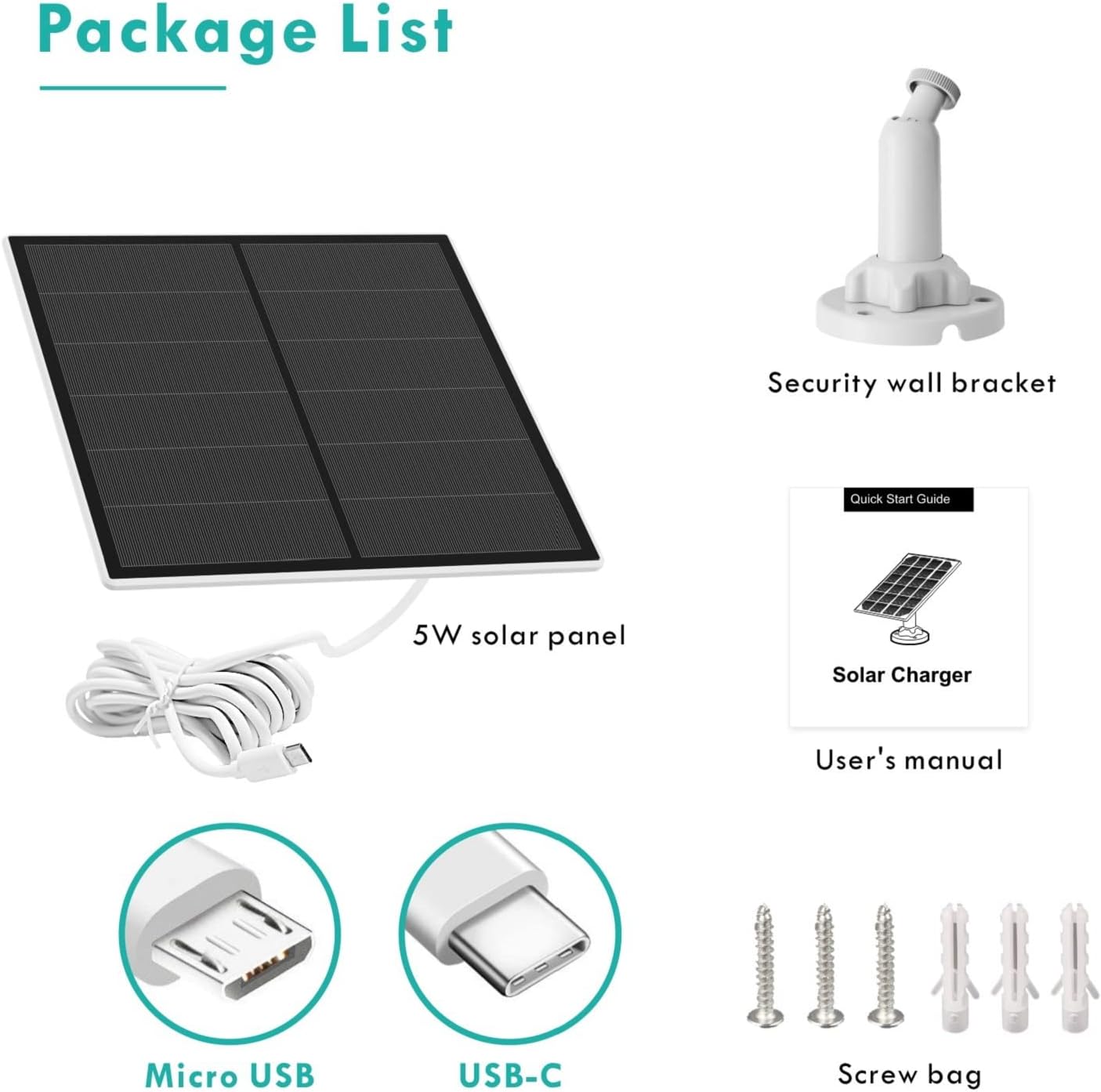 Panneau Solaire pour Caméra de Sécurité, 5W pour Micro USB et USB-C Port Caméra Extérieure Rechargeable, Panneaux Solaires avec 9.8ft Cable, Support Mural Ajustable, Traditionnel 2 Pack