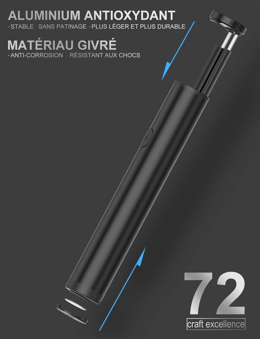 Perche Selfie Bluetooth 3 en 1 Ultra-Léger, Bâton Stick Réglable Télescopique, pour iPhone XS/XS Max/XR/X / 8 / 8P / 7 / 7P / 6s / 6/5, Galaxy S9 / 8/7/6 / Note, Huawei, Nubia, Xiaomi