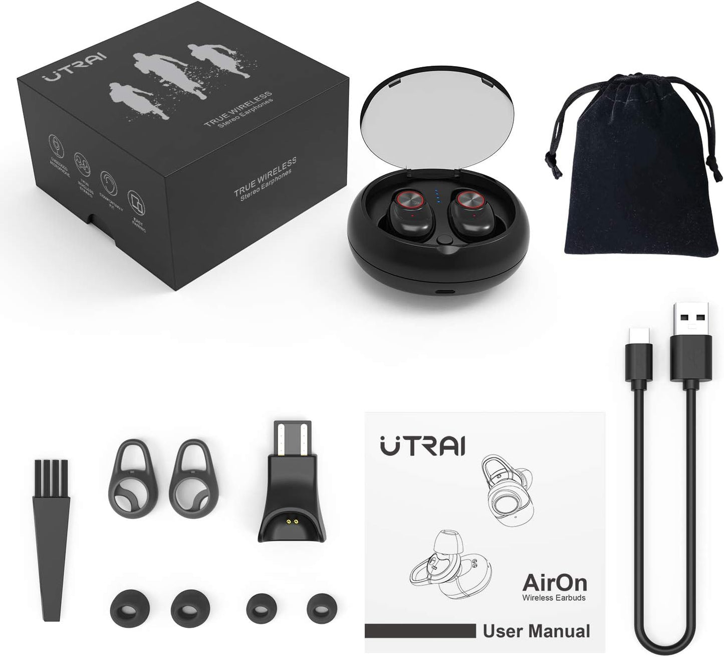 UTRAI Ecouteur Bluetooth V5.0 Oreillette sans Fil Léger HiFi Stéréo TWS 500mAh Appariement Automatique 20H Play Étanche IPX5 Anti-Bruit CVC 6.0 Microphone HD Confortable Haute Fidélité iOS Android