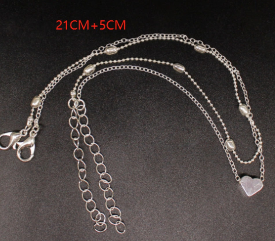 Bracelet de Cheville "Ocean-Heart" – Double Chaîne Rétro & Pendentif Cœur Gravé