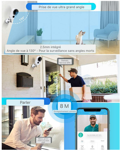 Caméra de sécurité sans fil WLAN 1080P Caméra IP pour extérieur et intérieur, fonctions de détecteur de mouvement PIR et interphone, sirène d'alarme manuelle Vision nocturne étanche Caméra WiFi IP65 et accès à distance