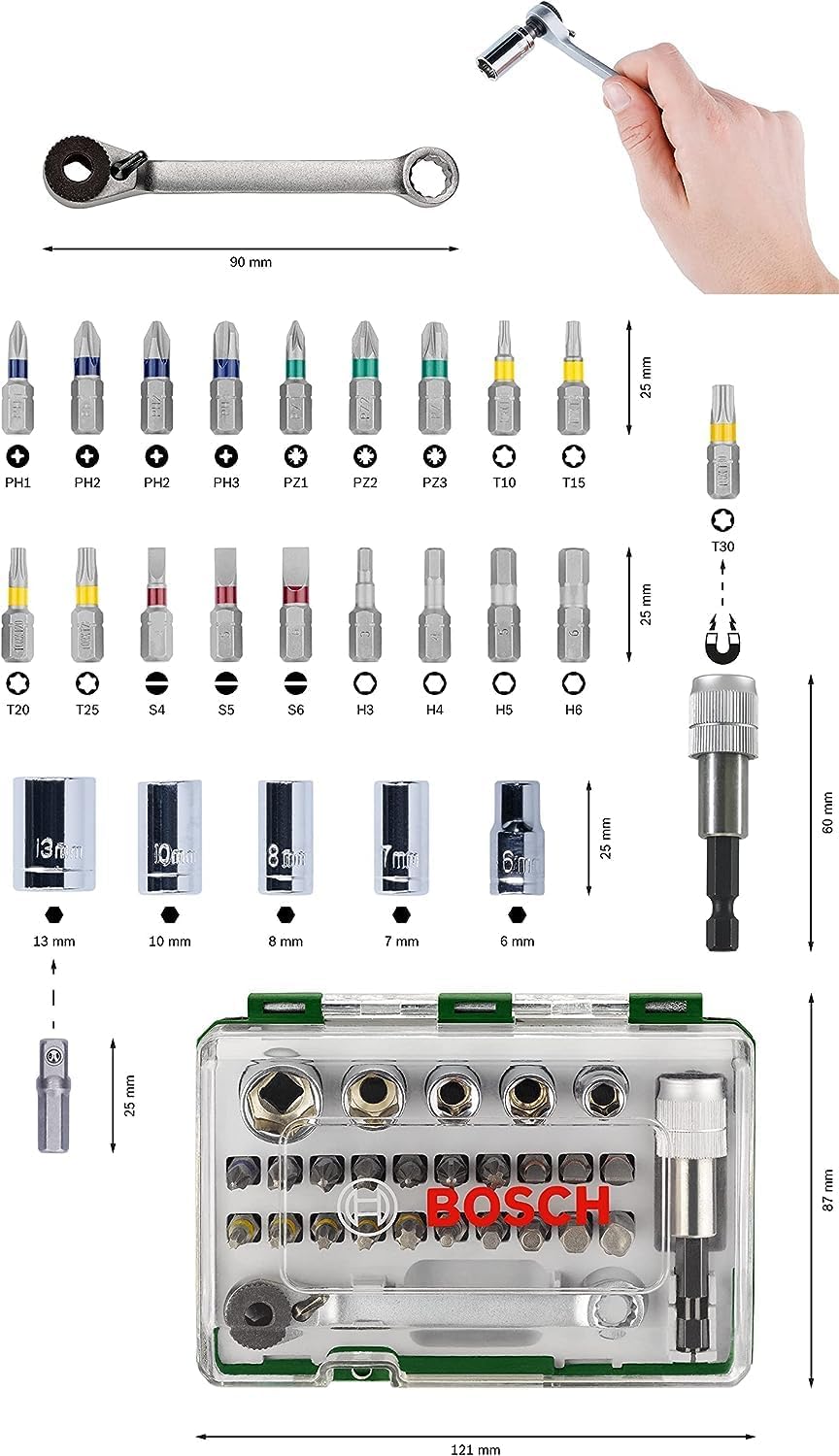 Bosch 27pcs. Jeu d'embouts de tournevis et à cliquet (PH, PZ, Hex, T, S-Bit, accessoires perceuse-visseuses et tournevis)