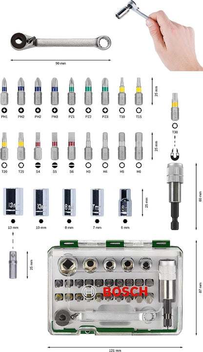 Bosch 27pcs. Jeu d'embouts de tournevis et à cliquet (PH, PZ, Hex, T, S-Bit, accessoires perceuse-visseuses et tournevis)