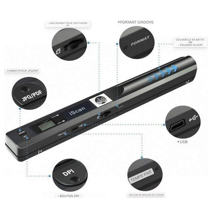 Scanner à main Scanner de documents couleur de résolution 900DPI Scanner portable sans fil A4 avec carte 8G Micro SD Format JPG et PDF Noir (Pack MEHRWEG)