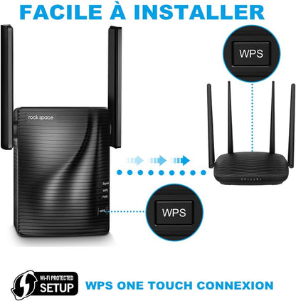 Répéteur WiFi 1200 Mbps Dual Band (5 GHz et 2,4 GHz) avec Port Ethernet, Installation Instantanée Via Bouton WPS - Étend la Couverture jusqu'à 200 m²