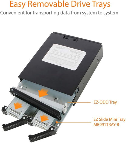 ICY DOCK Backplane Cage, Rack Mobile, boîtier de Rack Robuste métallique Hot Swap pour 2 x SSD Or HDD 2.5" SATA/SAS & Plateau Slim Odd/Graveur DVD pour Baie de 5.25" - Tough Armor MB994IPO-3SB