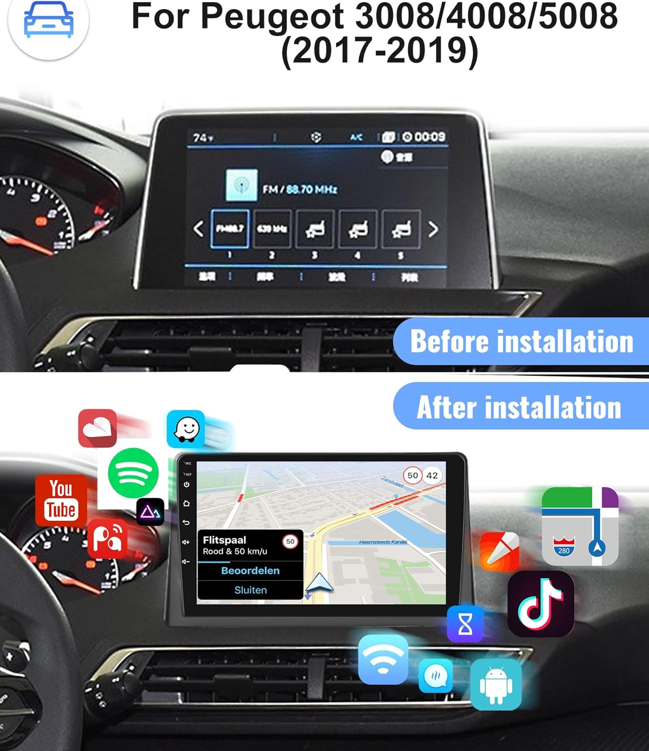 Autoradio Android pour Peugeot 5008/4008/3008 2017-2020, CarPlay/androide auto GPS Navigation