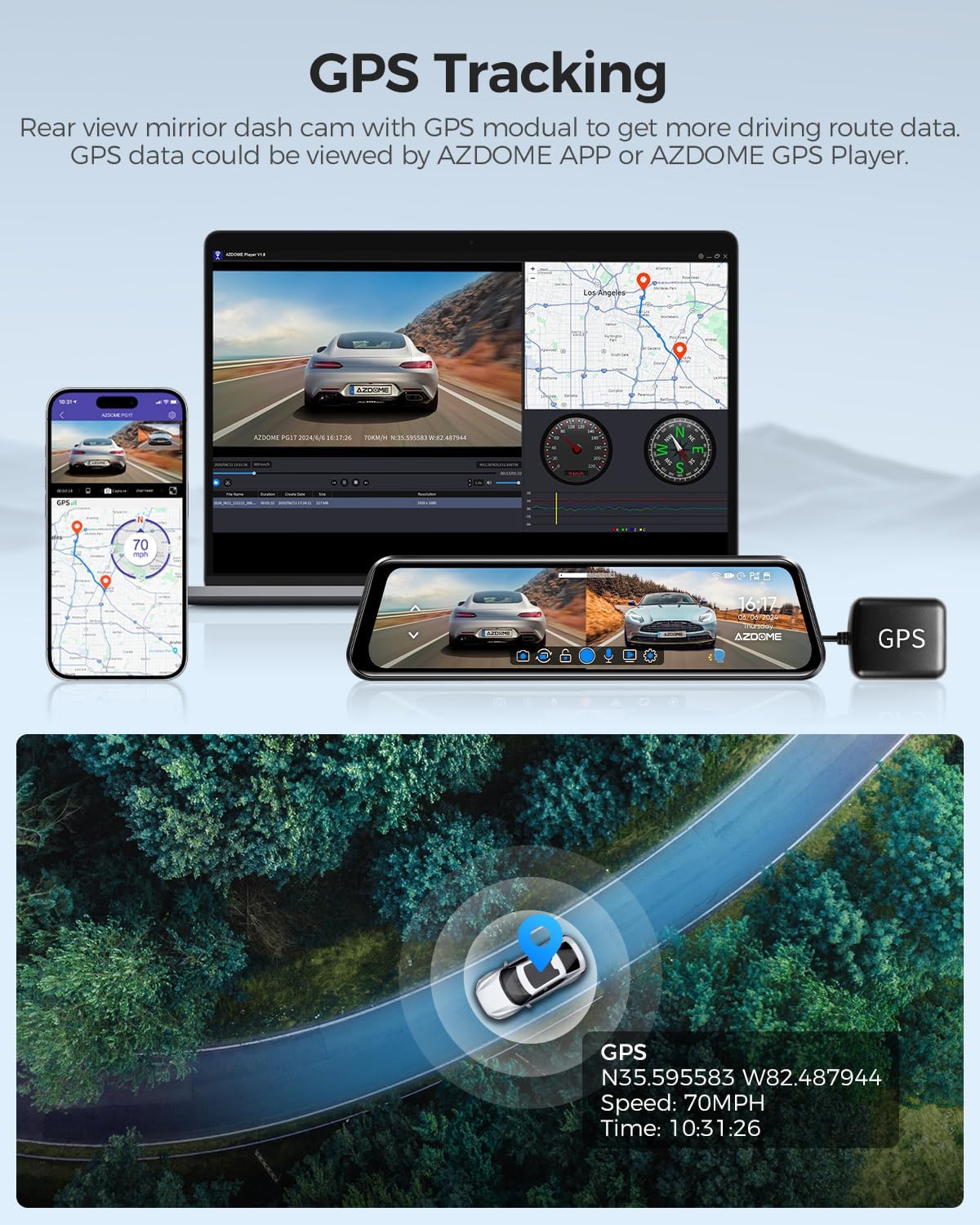 AZDOME PG17 4K Caméra de Tableau de Bord Miroir 12", caméra de rétroviseur WiFi avec caméra arrière étanche 1080P, Carte 64 Go Incluse, GPS, Vision Nocturne WDR, contrôle Vocal, Assistant de Conduite