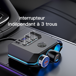 Multiprise Allume Cigare 240W Allume Cigare USB avec Voltmètre LED et Interrupteur,3 Prise Chargeur Allume Cigare USB Rapide,12V/24V Chargeur Voiture USB C pour Voyage Famille