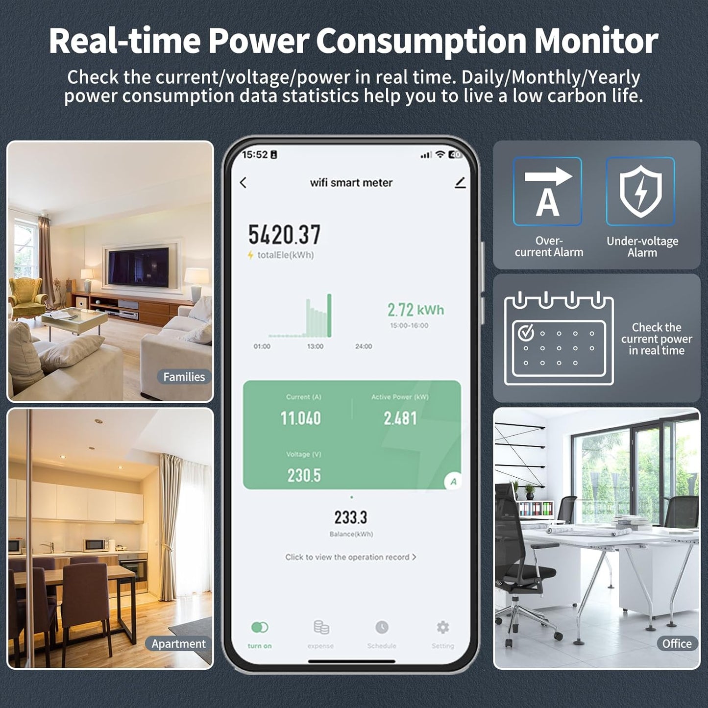 Compteur d'énergie eMylo Smart WiFi, compteur numérique monophasé DIN rails LCD, compteur de moniteur de consommation d'électricité, 60A 90-250V, support Alexa Google Assistant APP télécommande pour la maison, l'appartement