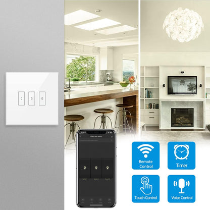 Interrupteur WiFi Alexa Sans Fil Tactile, Commutateur de 3 Canaux Connecté Intelligent, Commande à Distance Par Téléphone, Relais Compatible avec Google Home