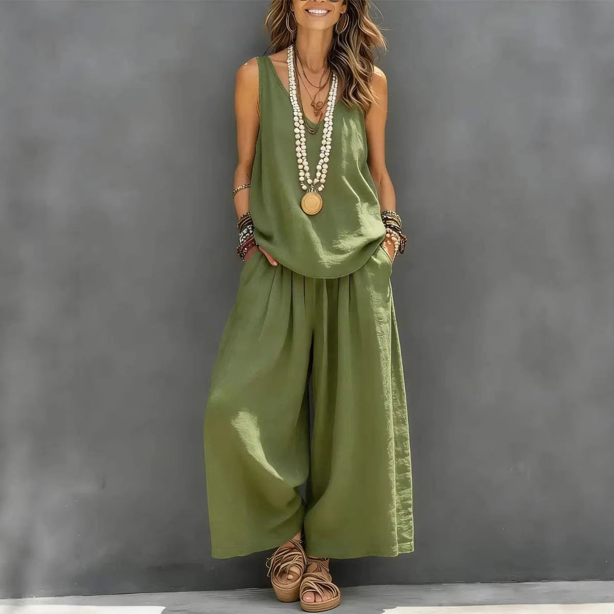 Débardeur décontracté sans manches de couleur unie pour femmes et pantalon à lambes larges Ensemble en lin de coton pour vêtements de tous les jours Tenue de vacances