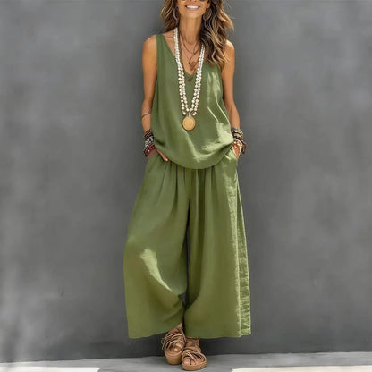 Débardeur décontracté sans manches de couleur unie pour femmes et pantalon à lambes larges Ensemble en lin de coton pour vêtements de tous les jours Tenue de vacances
