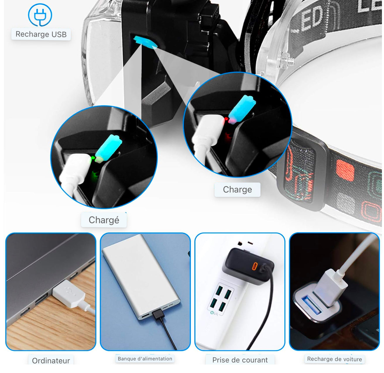 Lampe frontale, lampe frontale super lumineuse 10000 lumens 3 LED 4 modes, lampe frontale USB rechargeable étanche, parfaite pour le travail, l'extérieur, le camping, la randonnée, la pêche (noir)