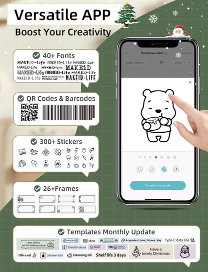 Makeid Étiqueteuse Bluetooth Q1 de HD 300dpi, Imprimante Etiquette Autocollante, Imprimante Thermique sans Encre-Se connecte à iOS et Android à l'aide de Bluetooth(Vert)