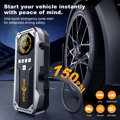 Booster Batterie Voiture 150PSI Compresseur d’Air Booster Batterie Voiture Puissant 12V Jump Starter pour Véhicule Pack avec Power Bank Pinces de Sûreté Intelligentes Lampe à LED