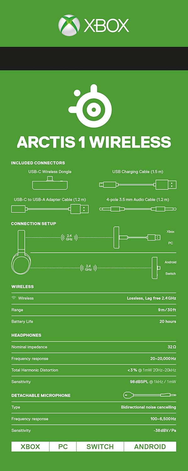 SteelSeries Arctis 1 Wireless pour Xbox - Casque de jeu sans fil - USB-C sans fil - Microphone Clearcast amovible - Pour Xbox, PS4, Nintendo Switch, Android (Xbox Series X|S|One), Noir