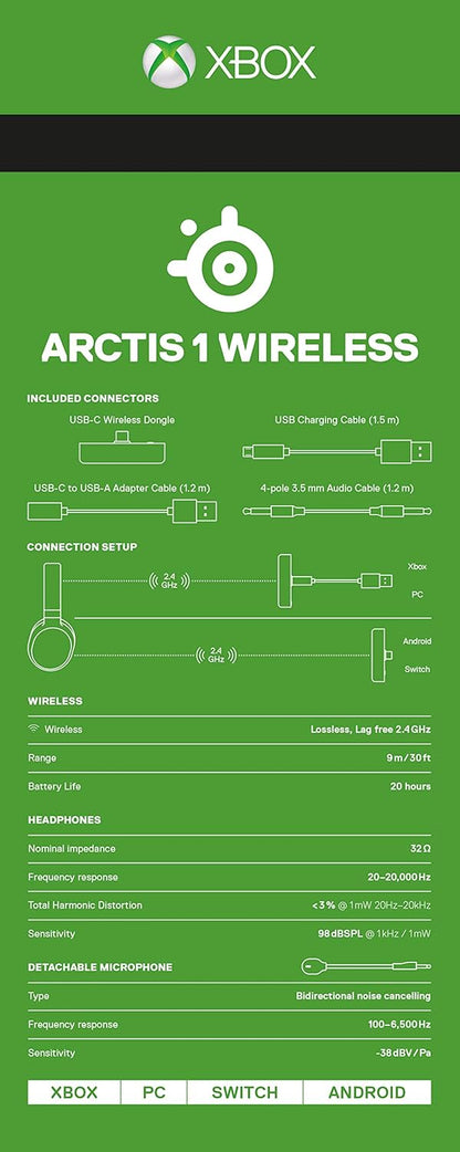 SteelSeries Arctis 1 Wireless pour Xbox - Casque de jeu sans fil - USB-C sans fil - Microphone Clearcast amovible - Pour Xbox, PS4, Nintendo Switch, Android (Xbox Series X|S|One), Noir