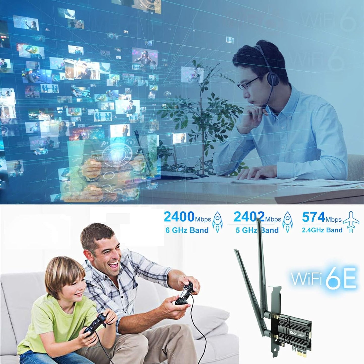 Ubit Carte Réseau WiFi 6E AX210 PCIe Carte WiFi | Max 5374Mbps avec BT 5.3| Adaptateur sans Fil Tri-Bande 802.11AX avec MU-MIMO,OFDMA,Ultra-Low Latency | Soutien Windows 10/11 64bit