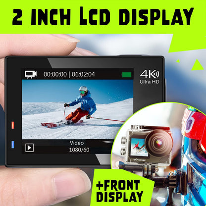 Exprotrek Action Camera 4K 30fps Ultra HD, Caméra d'action 40 m 100 Pieds étanche WiFi Ultra Grand Angle 170°, télécommande, 2 Batteries et kit d'accessoires pour Casque