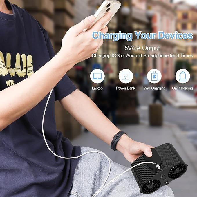 Ventilateur de CEINTURE, 9000mAh Rechargeable avec recharge USB, à 4 Vitesses neuve