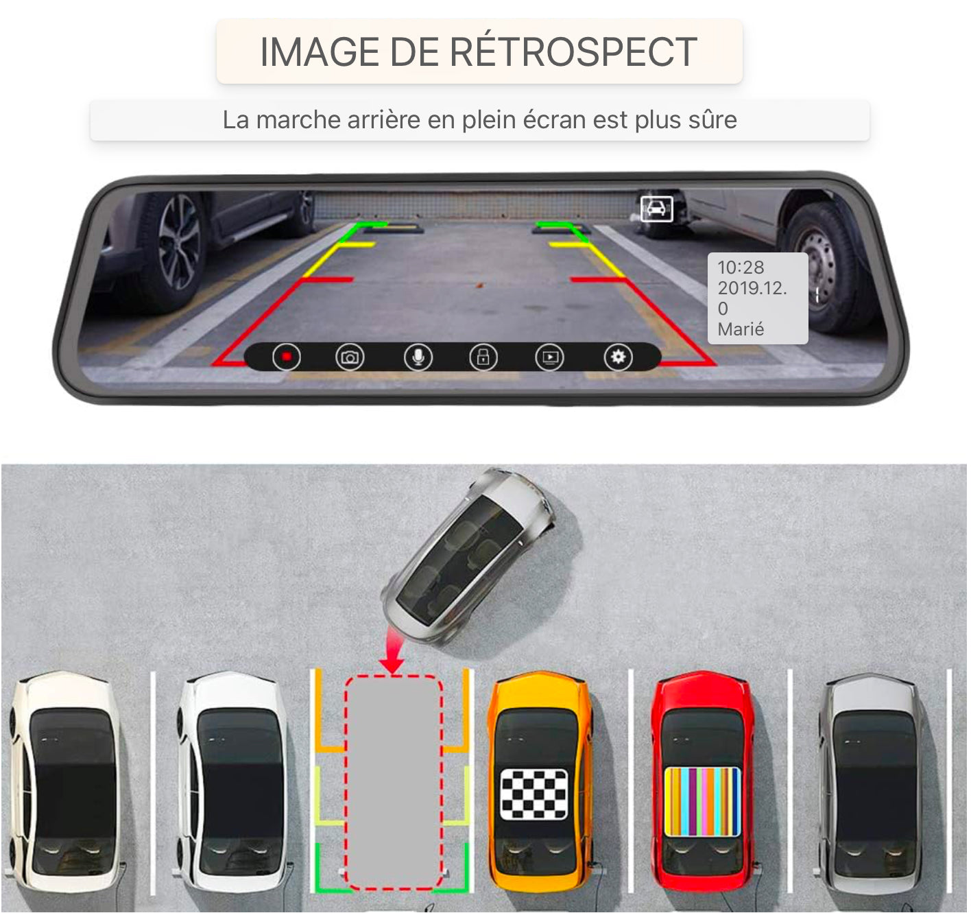 Caméra de rétroviseur AWESAFE Double écran tactile 1080P 10 pouces FHD 170° grand angle avec vision nocturne, mode stationnement, détection de mouvement, enregistrement en boucle, capteur G