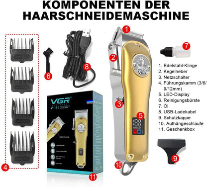 Tondeuse à cheveux professionnelle pour homme, câble USB/sans fil, rechargeable avec écran LED (doré)