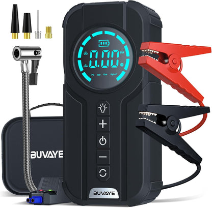 BUVAYE Booster Batterie Voiture avec Compresseur,2000A Jump Starter Portable Booster De Batterie(Jusqu’à 7L Gaz Ou 5L Diesel),12V Demarreur Batterie Voiture avec Gonfleur 150PSI,éCran LED,Lampe à LED