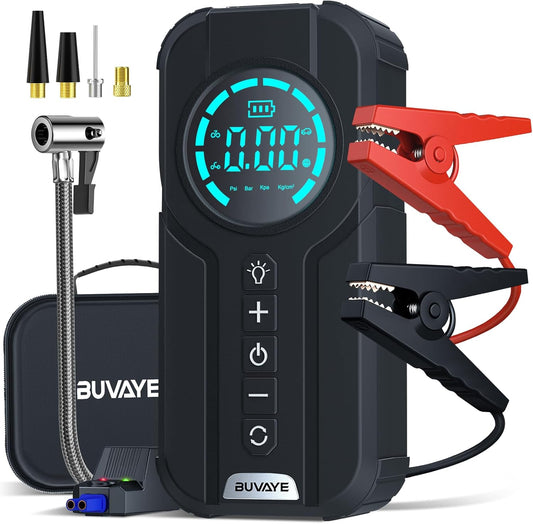 BUVAYE Booster Batterie Voiture avec Compresseur,2000A Jump Starter Portable Booster De Batterie(Jusqu’à 7L Gaz Ou 5L Diesel),12V Demarreur Batterie Voiture avec Gonfleur 150PSI,éCran LED,Lampe à LED