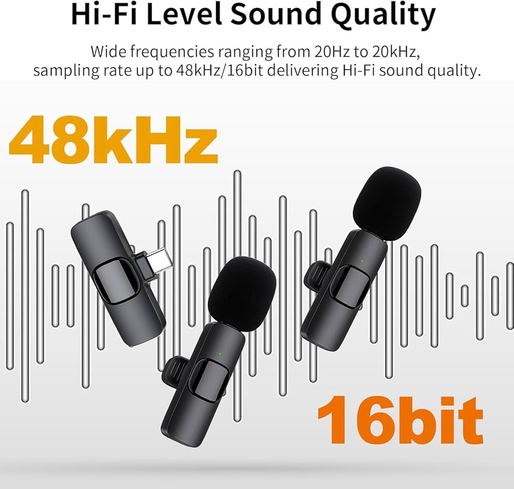 Microphones sans Fil pour Android, Microphone Bluetooth à Clipser sans Fil, Mini Microphone Cravate pour Enregistrement vidéo, Diffusion en Direct, Vlog, Youtube, TikTok (2 micros
