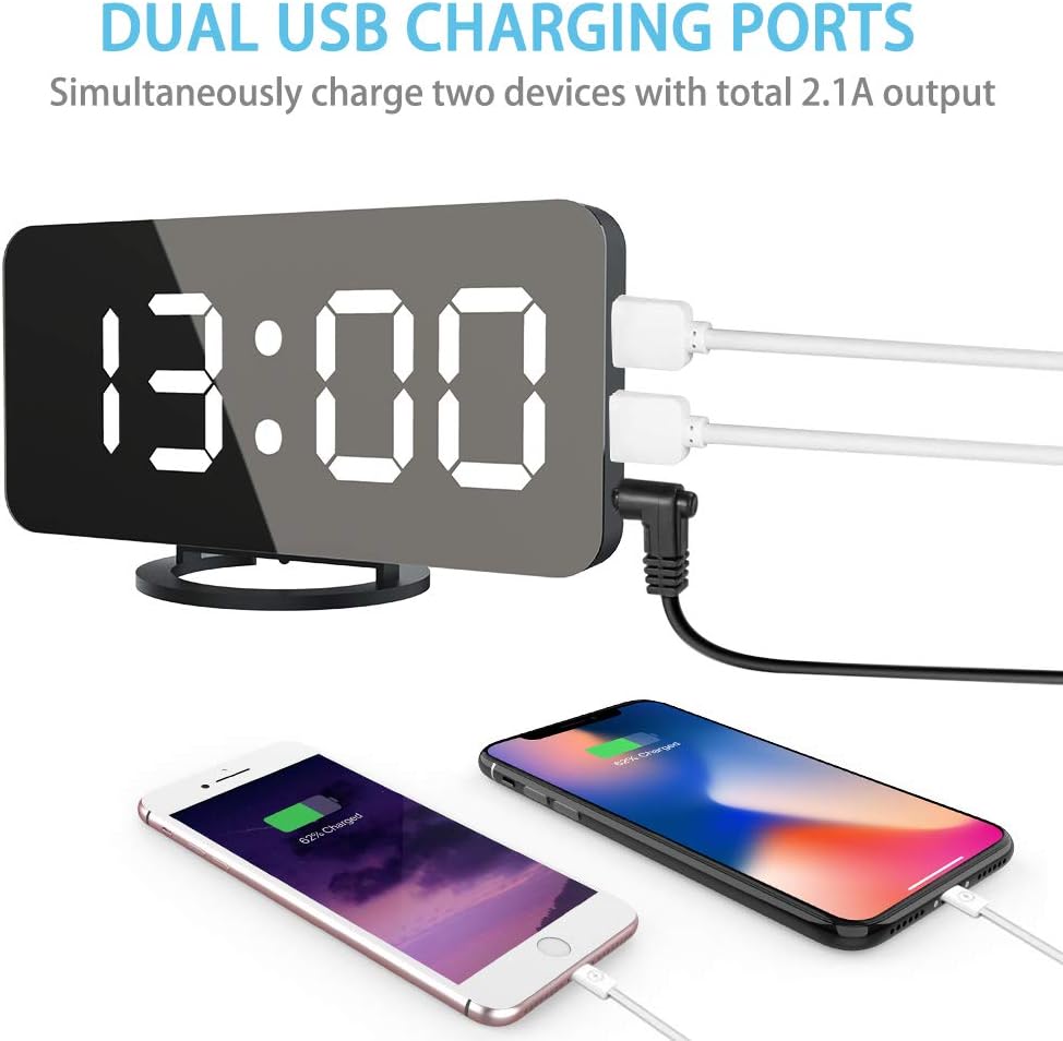 Réveil Numérique LED Miroir Horlogue Digital Réveil de Chevet Réveil Matin Miroir Maquillage Fonction Snooze, Lumière de Nuit, Luminosité Réglable, Double Ports USB Charger Téléphones Intelligents