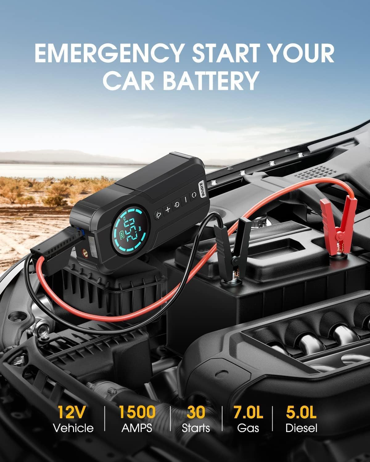 BUVAYE Booster Batterie Voiture avec Compresseur,2000A Jump Starter Portable Booster De Batterie(Jusqu’à 7L Gaz Ou 5L Diesel),12V Demarreur Batterie Voiture avec Gonfleur 150PSI,éCran LED,Lampe à LED