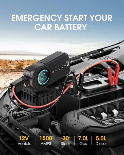 BUVAYE Booster Batterie Voiture avec Compresseur,2000A Jump Starter Portable Booster De Batterie(Jusqu’à 7L Gaz Ou 5L Diesel),12V Demarreur Batterie Voiture avec Gonfleur 150PSI,éCran LED,Lampe à LED