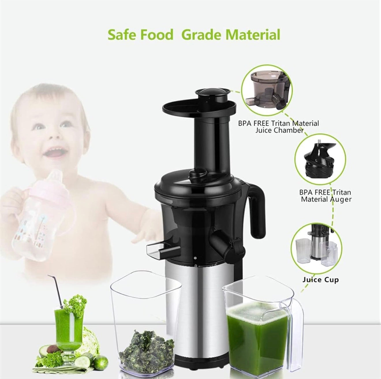 Extracteur de jus Lent pour Fruits et légumes Entiers, centrifugeuse Lente Verticale, Fonction Inverse, Moteur Silencieux, extracteur de jus Frais et sain, Facile à Nettoyer