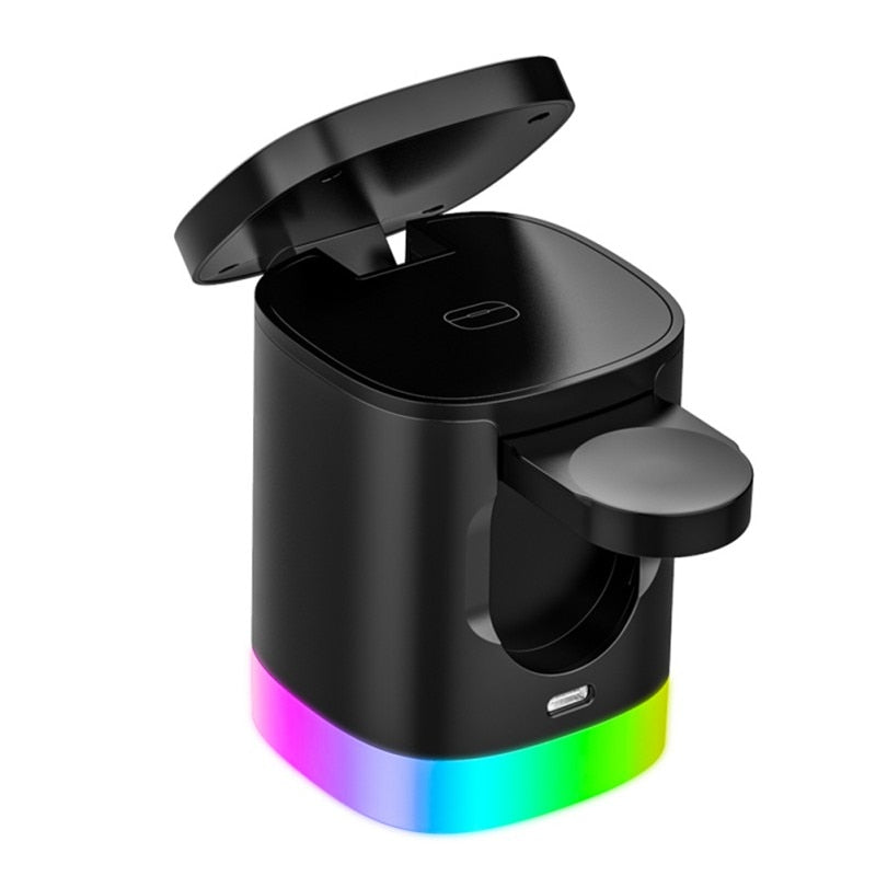 Chargeur rapide sans fil magnétique 3 en 1 pour téléphone intelligent Station de charge de lumière ambiante RVB pour Airpods IWatch