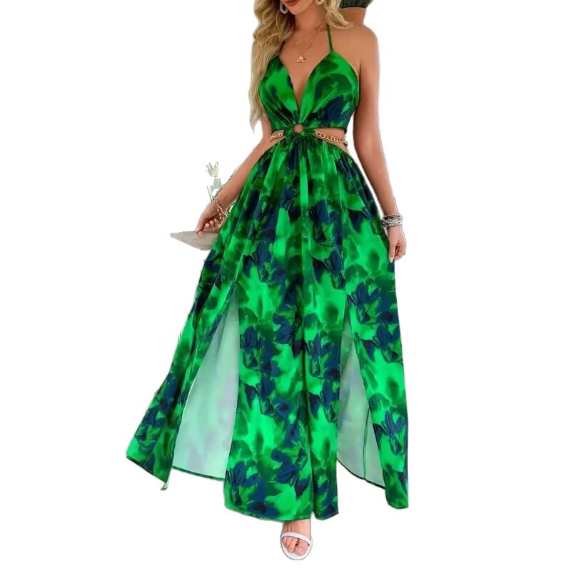 Robe "Flora-Chain" – Coupe Évasée, Dos Nu & Découpes Latérales avec Détail Chaîne
L'élégance florale sublimée par une touche d'audace
