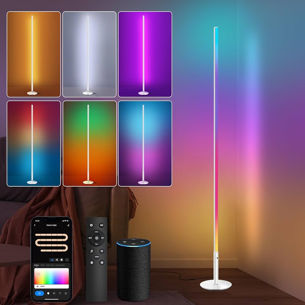 Lampadaire sur Pied Salon, RGBCW LED Compatible avec Alexa / Google Home / WiFi APP et Télécommande, D'angle Lampe Moderne Chambre Musique Sync 2700K-6500K 16 Millions Couleurs