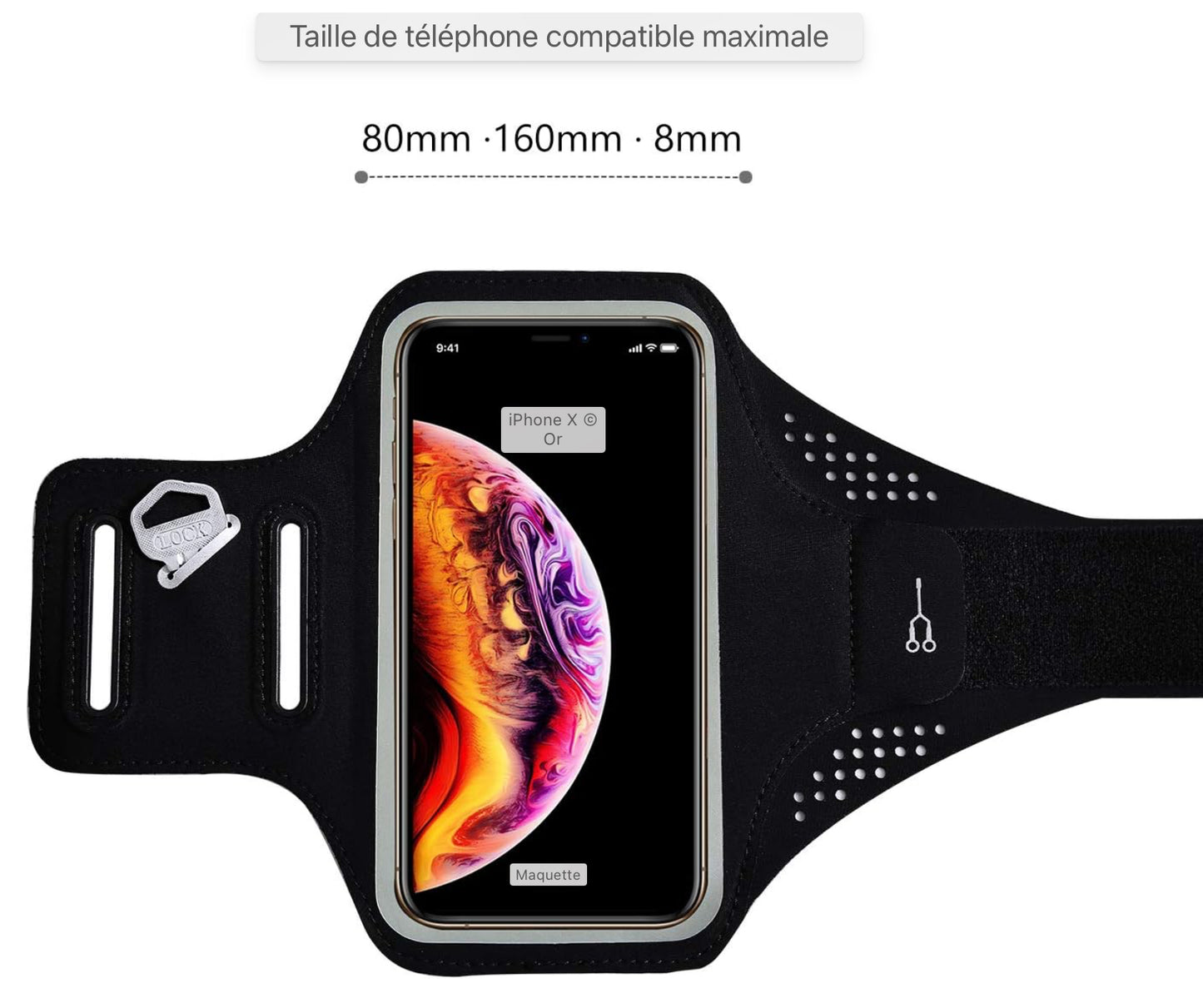 Ensemble de bracelet de sac de hanche de sport, ensemble de sac de course de sport et de bracelet pour smartphones ceinture de course de jogging, sac banane femme homme, avec porte-clé, trou pour casque et bande d'extension - Noir