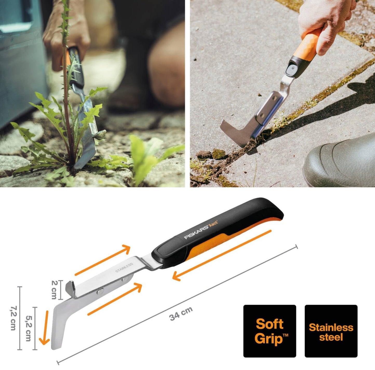 Fiskars Couteau désherbeur pour extirper les mauvaises herbes et la mousse, Longueur : 33,8 cm, Noir/Orange, Acier/Plastique, Xact