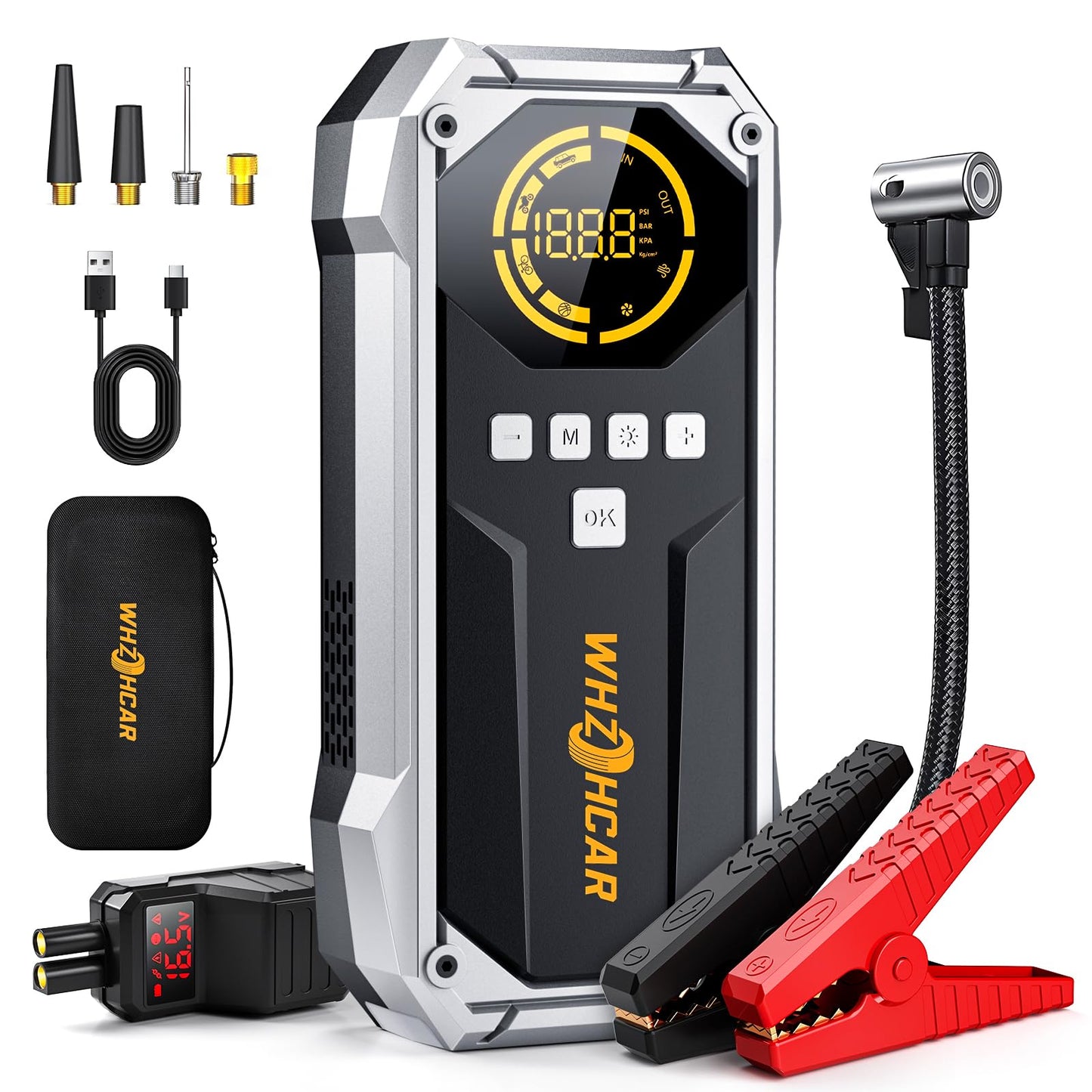 Booster Batterie Voiture 150PSI Compresseur d’Air Booster Batterie Voiture Puissant 12V Jump Starter pour Véhicule Pack avec Power Bank Pinces de Sûreté Intelligentes Lampe à LED