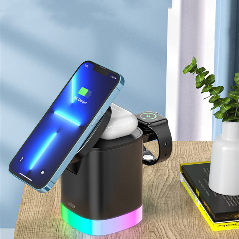 Chargeur rapide sans fil magnétique 3 en 1 pour téléphone intelligent Station de charge de lumière ambiante RVB pour Airpods IWatch